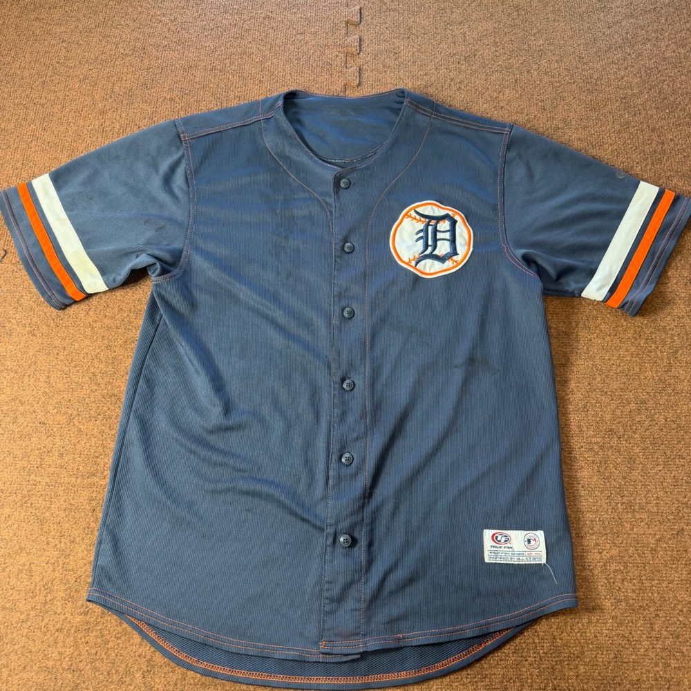 True Fan Detroit Tigers MLB Baseball Jersey Navy Blue Orange Stitching Large